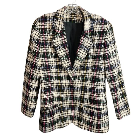 Vintage 80's Tweed Plaid Blazer Jacket - Picture 3 of 8